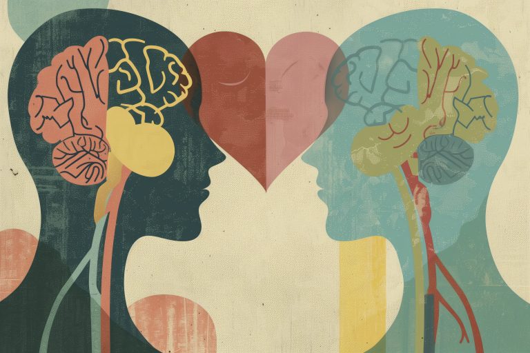 Painting of two heads with a heart inbetween representing neurodoveristy
