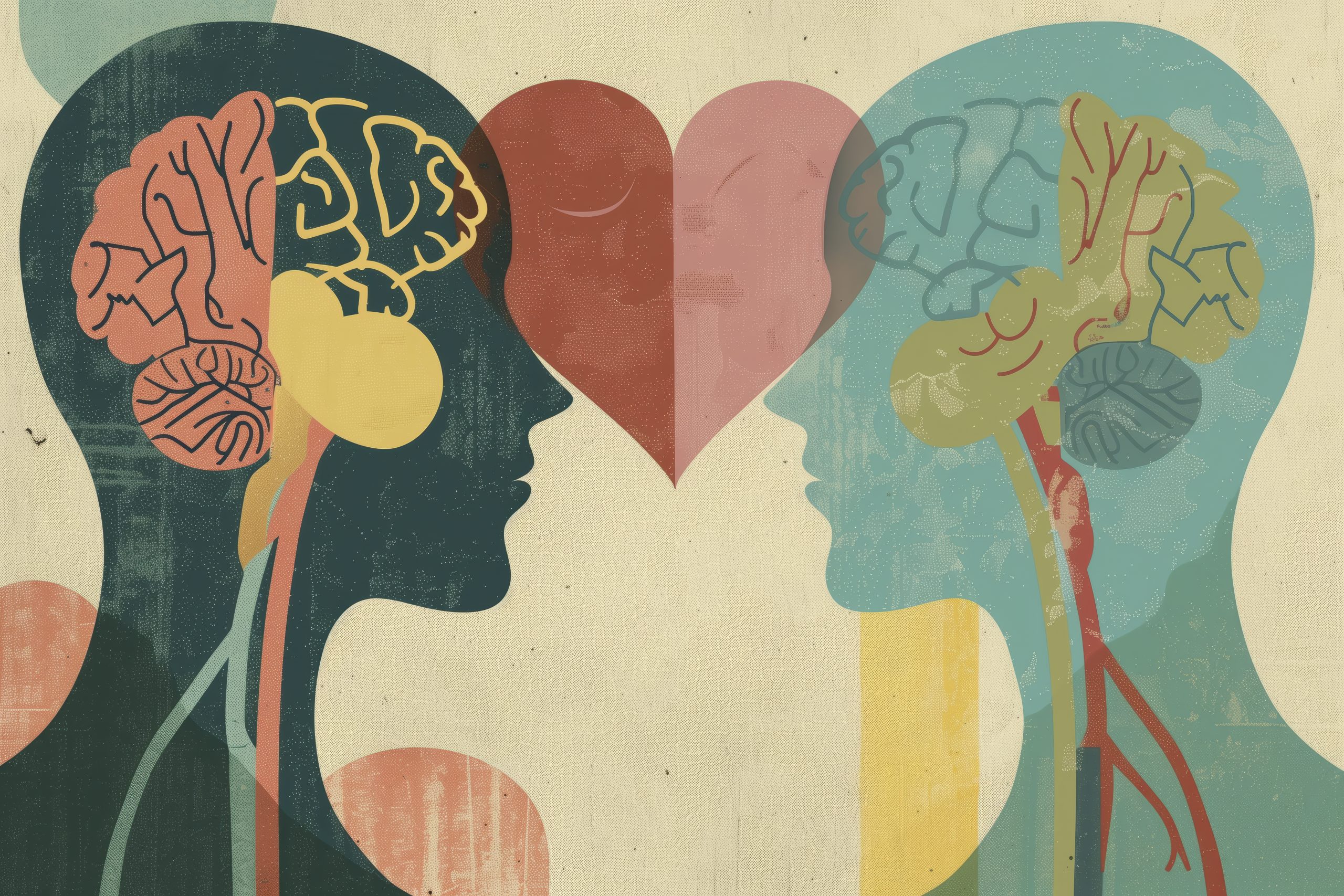 Painting of two heads with a heart inbetween representing neurodoveristy